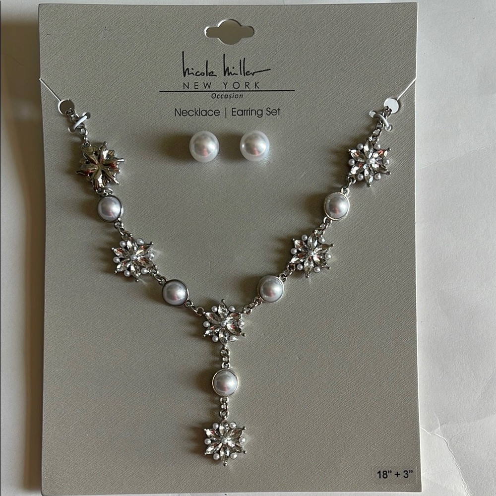 Nicole Miller Special Occasion Silver and White Crystal Necklace & Earrings Set